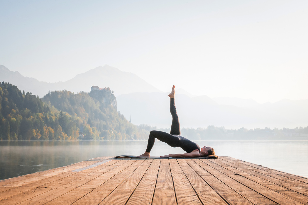 Outdoor Yoga on Misty Lake Bled in Morning
